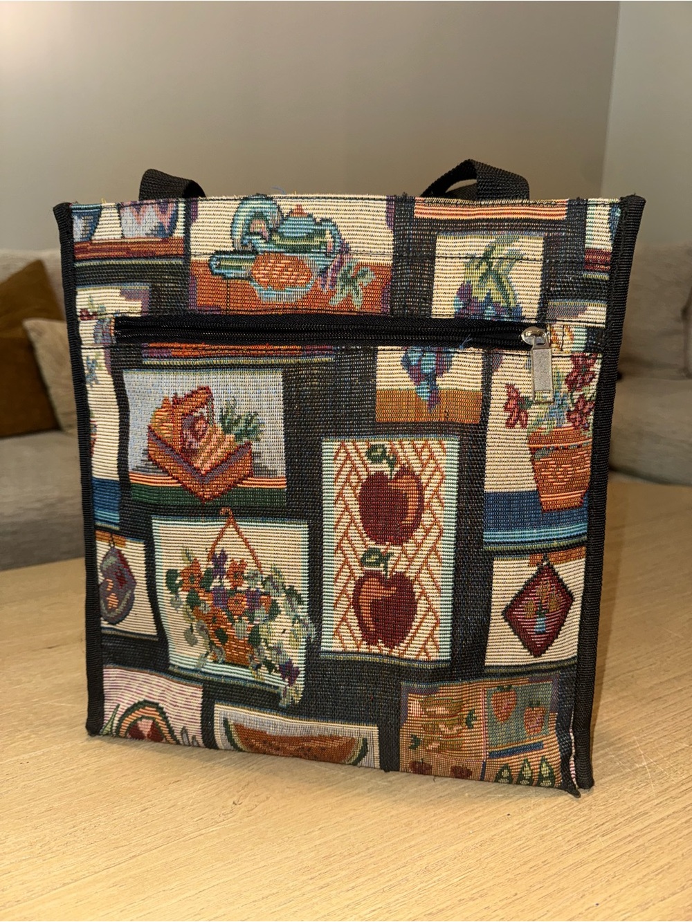 Tapestry Patchwork Tote Bag in Black, Cream & Multicolor Design